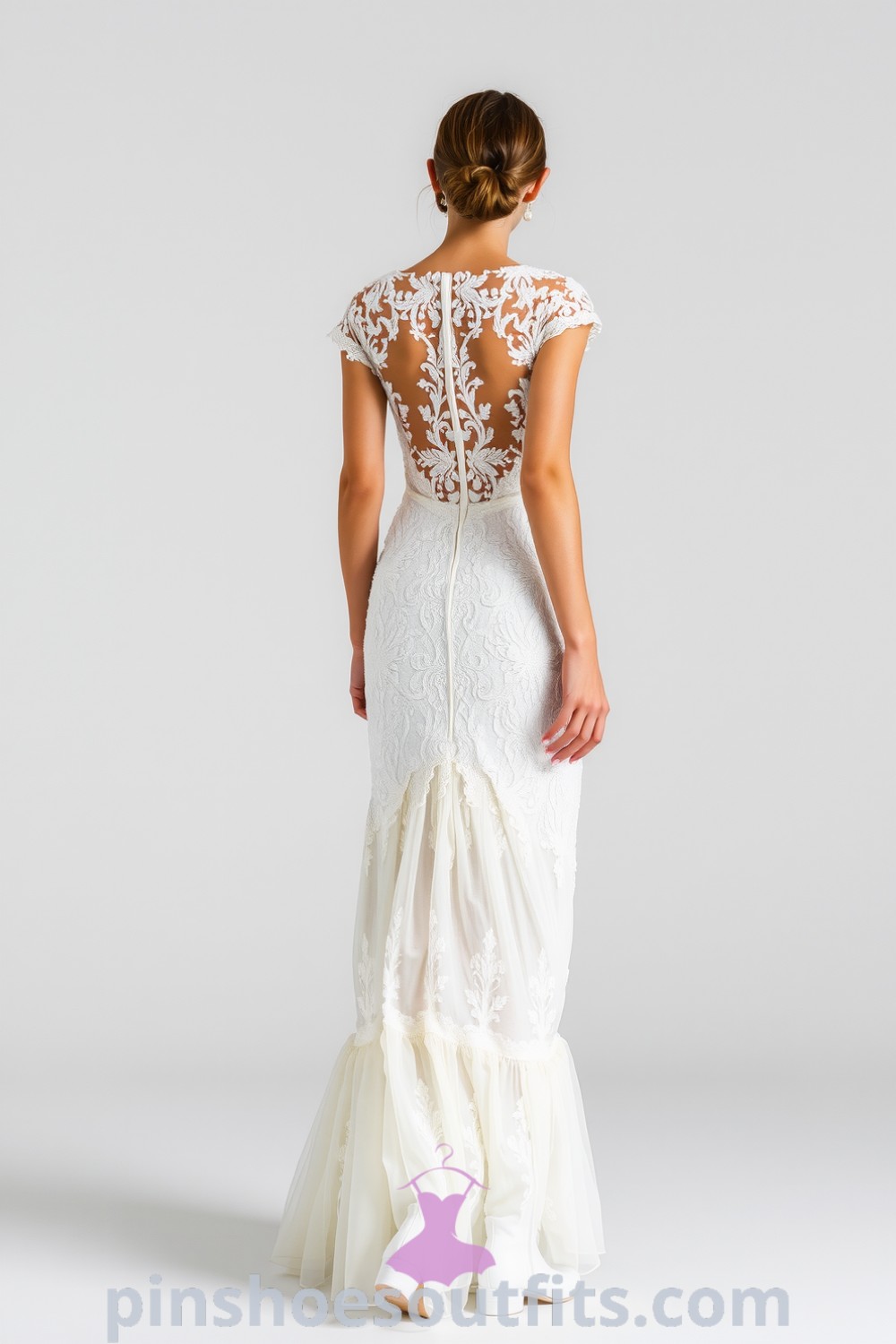 Bridal gown featuring intricate lace details, chic ankle boots, and layers of sheer chiffon, balancing classic elegance with modern flair. A perfect outfit idea for every woman