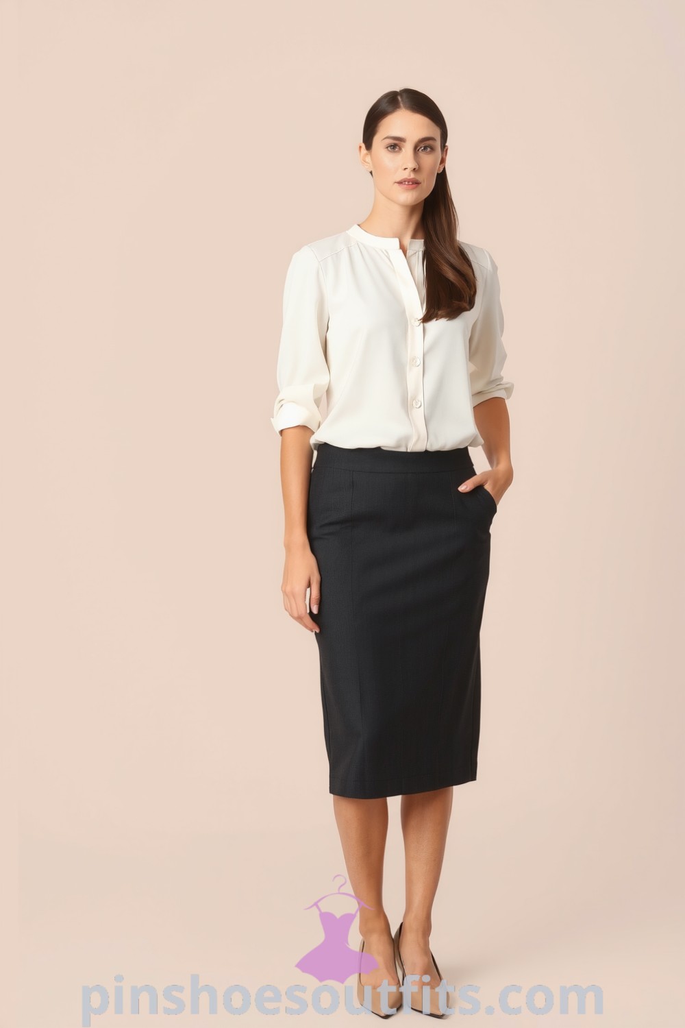 Sophisticated office attire featuring a tailored charcoal pencil skirt and a pristine white silk blouse with pintuck detailing, complemented by elegant nude pumps. Perfect for a chic and professional look. pinshoesoutfits.com
