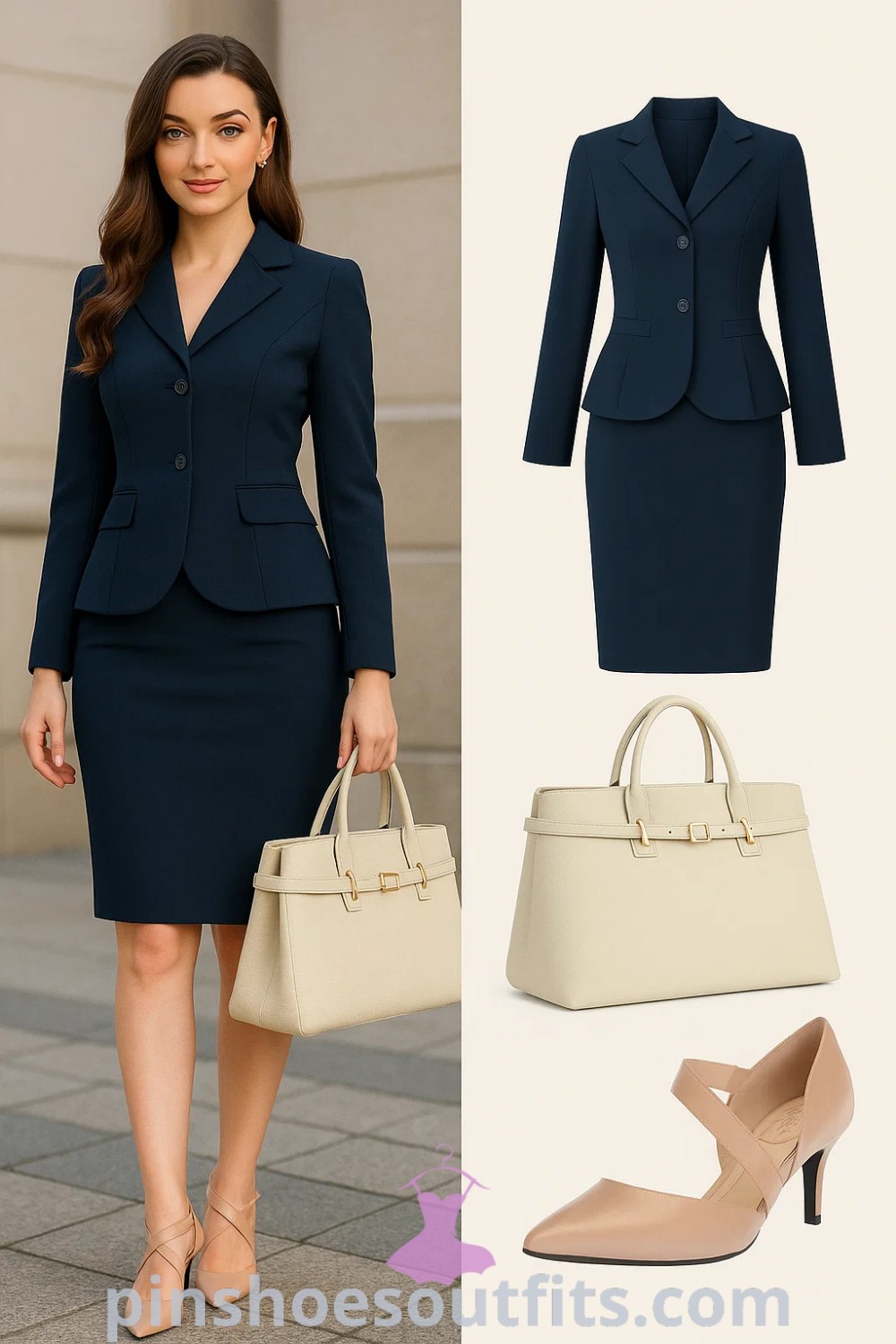 navy blazer with a pencil skirt, nude heels, and beige structured tote creating a polished professional look perfect for office wear and business meetings, featured on pinshoesoutfits.com.