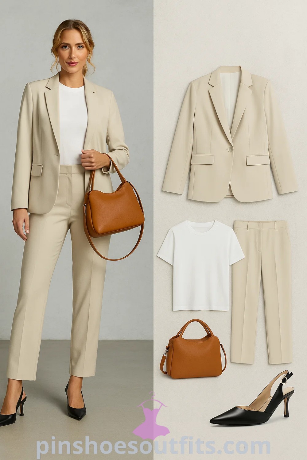 Tailored beige blazer and trousers with black pointed toe pumps and a brown small shoulder bag create a classic professional outfit, ideal for office or formal events; perfect for business casual and empowering looks found on pinshoesoutfits.com