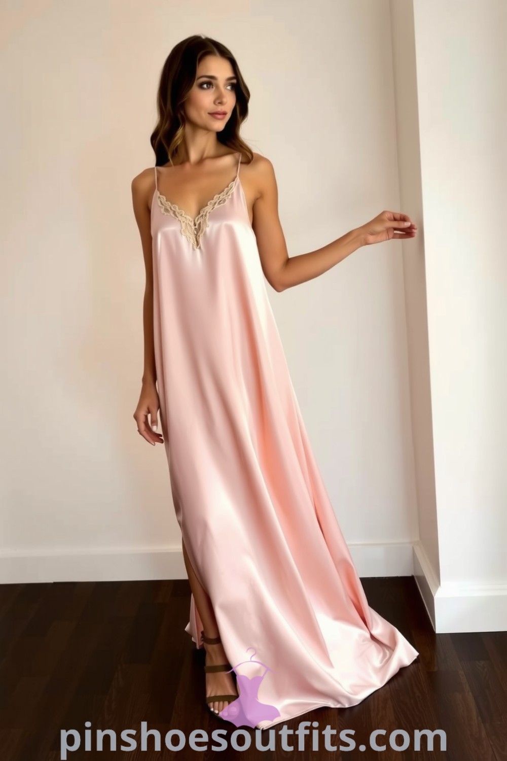 A woman wears an enchanting satin slip dress with lace trim, perfectly styled for a date night. The dress