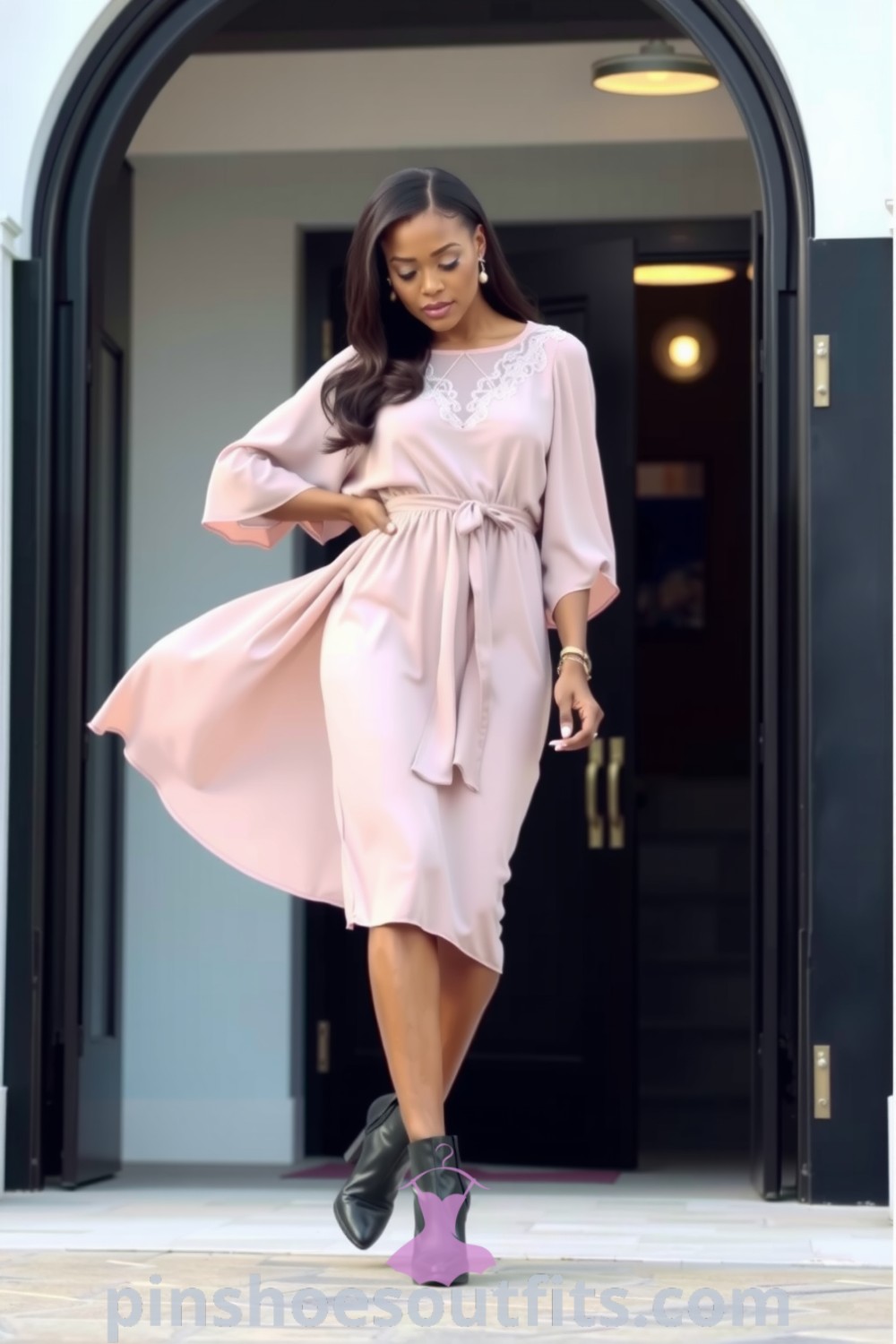 Chic and modern outfit featuring a Black woman in a flowing chiffon midi dress with lace detailing and sleek ankle boots. A perfect example of elegant and stylish attire. pinshoesoutfits.com