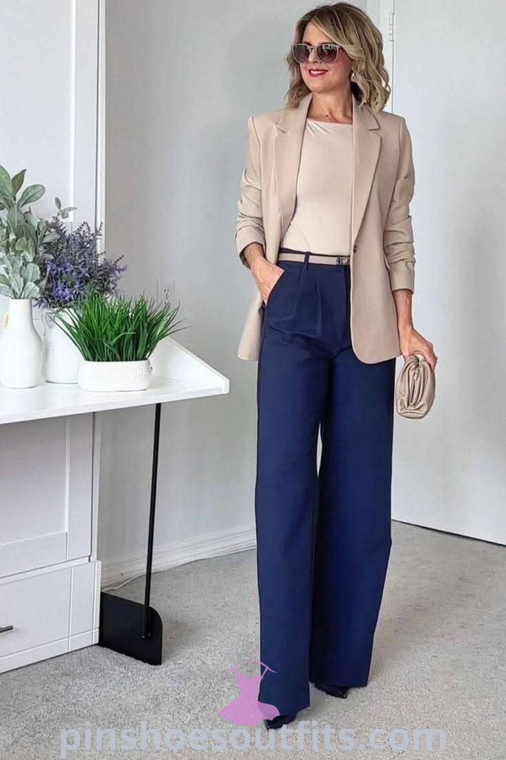 Stylish fall office outfits featuring a beige blazer that offers a classy and chic look. Discover elegant casual work outfits and outfit ideas to inspire your work wardrobe this season at pinshoesoutfits.com.