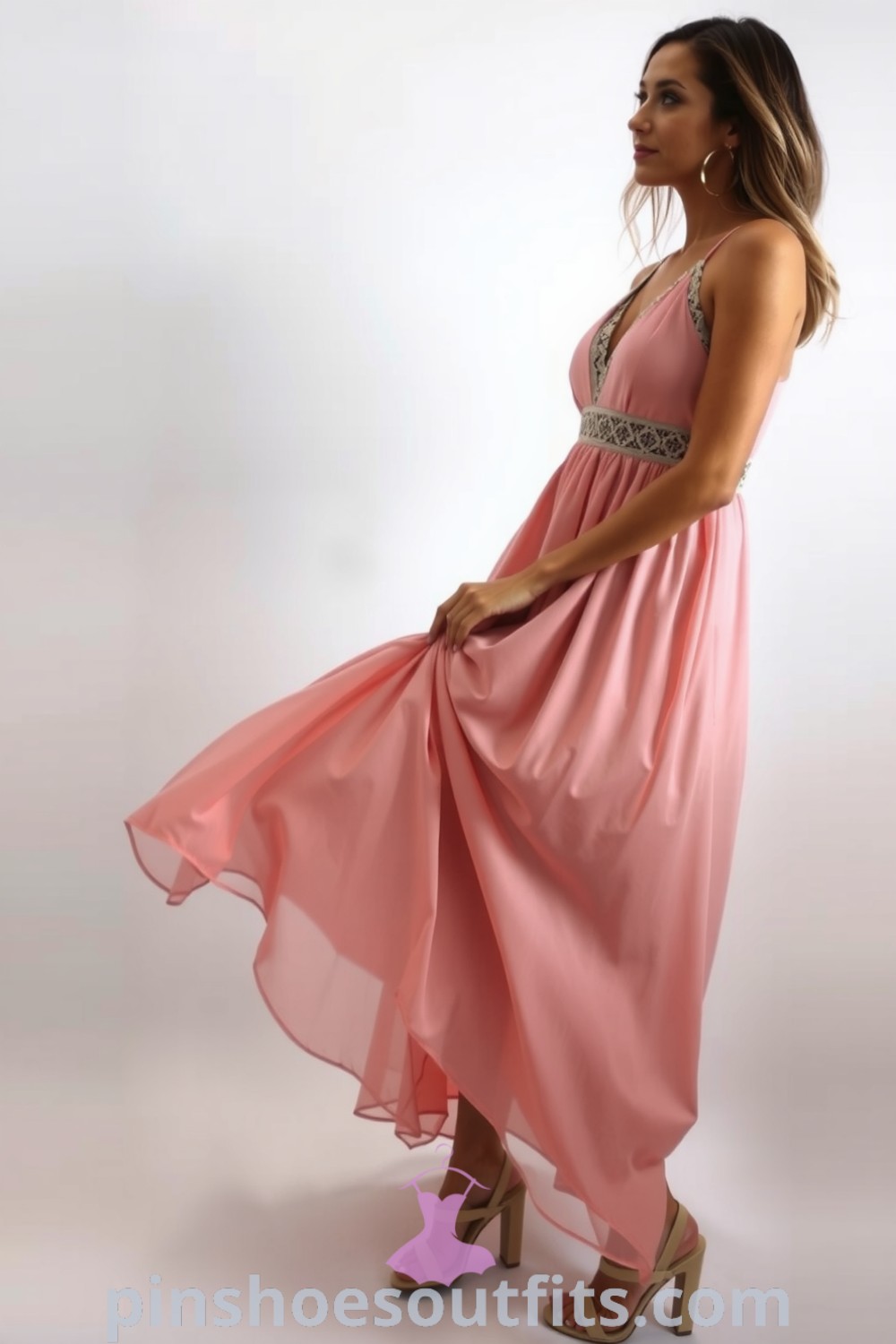 Elegant blush chiffon dress with lace detailing at the neckline, fitted waist, and strappy nude heels. A chic and sophisticated outfit perfect for romantic date nights. pinshoesoutfits.com