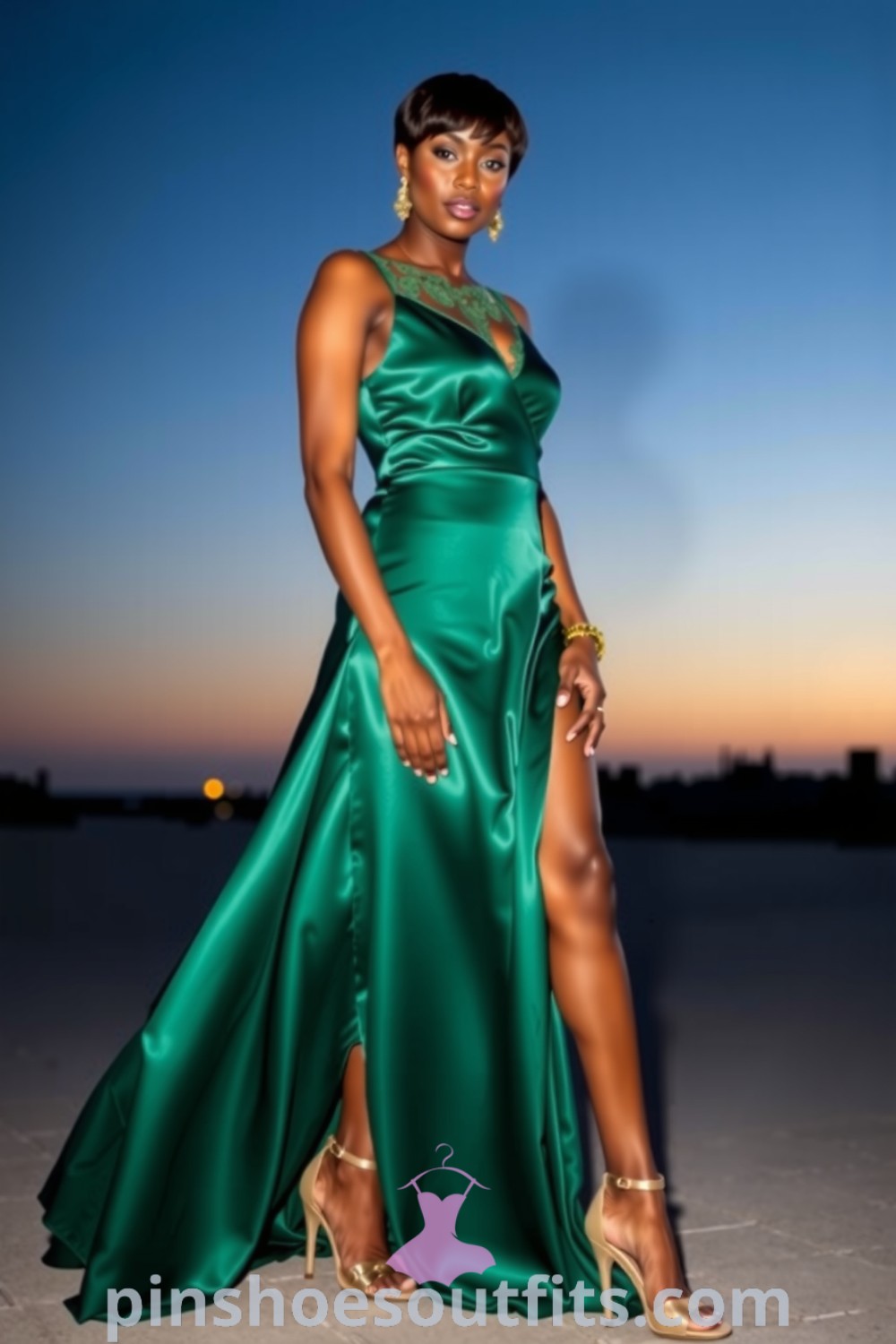 Elegant Black woman in a fitted emerald satin slip dress with lace neckline detailing, wearing strappy nude heels and gold accessories, perfect for a date night. pinshoesoutfits.com
