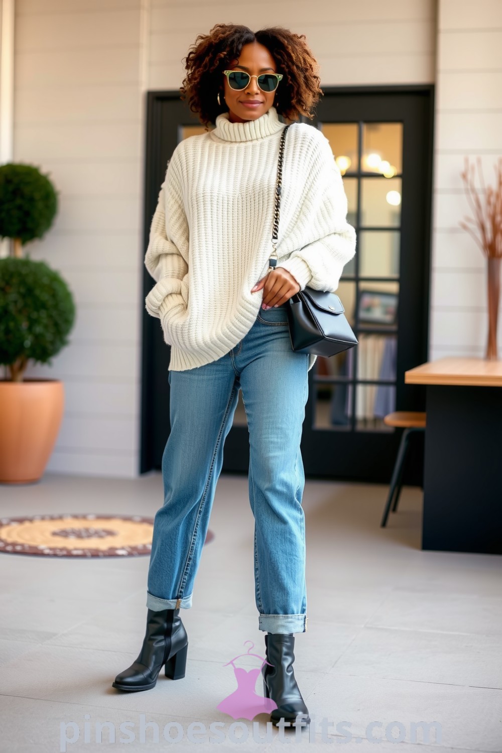 Casual outfit featuring a Black woman in a cream knit sweater, relaxed-fit denim jeans, and chic ankle boots. A stylish look that embodies comfort and elegance. pinshoesoutfits.com