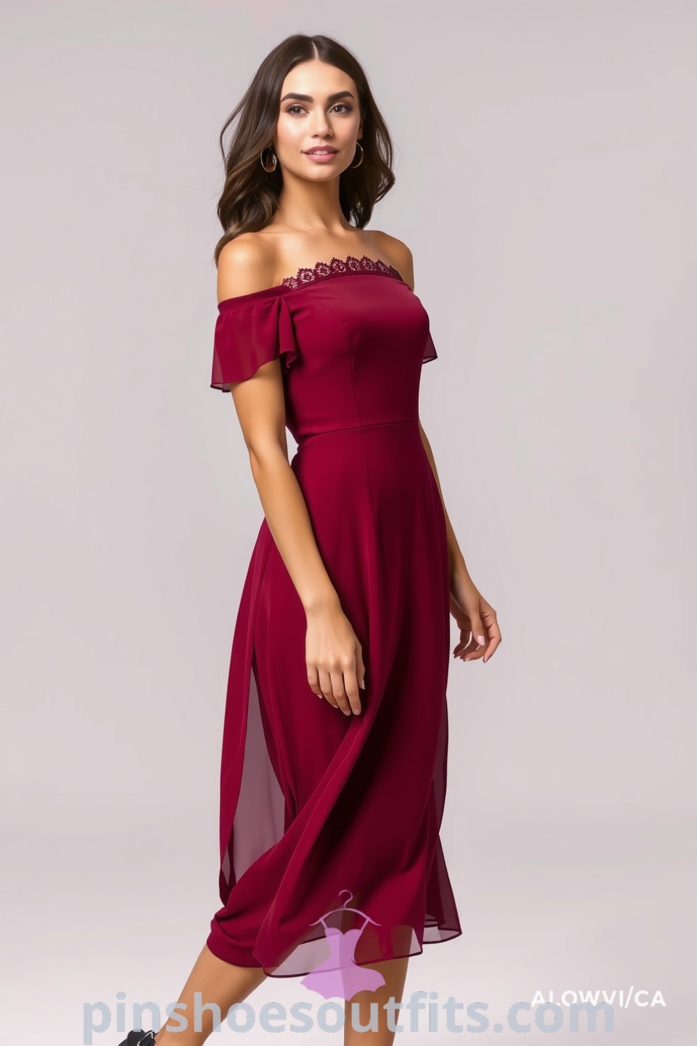Elegant off-the-shoulder crimson dress made of lightweight chiffon with lace trim, hugging the silhouette. Perfect for charming evenings out. pinshoesoutfits.com