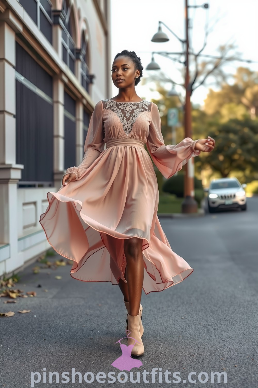 A Black woman wearing an elegant midi dress made of soft chiffon with intricate lace detailing, paired with chic ankle boots. A perfect outfit for both brunches and evening events, showcasing stylish and versatile fashion ideas. pinshoesoutfits.com