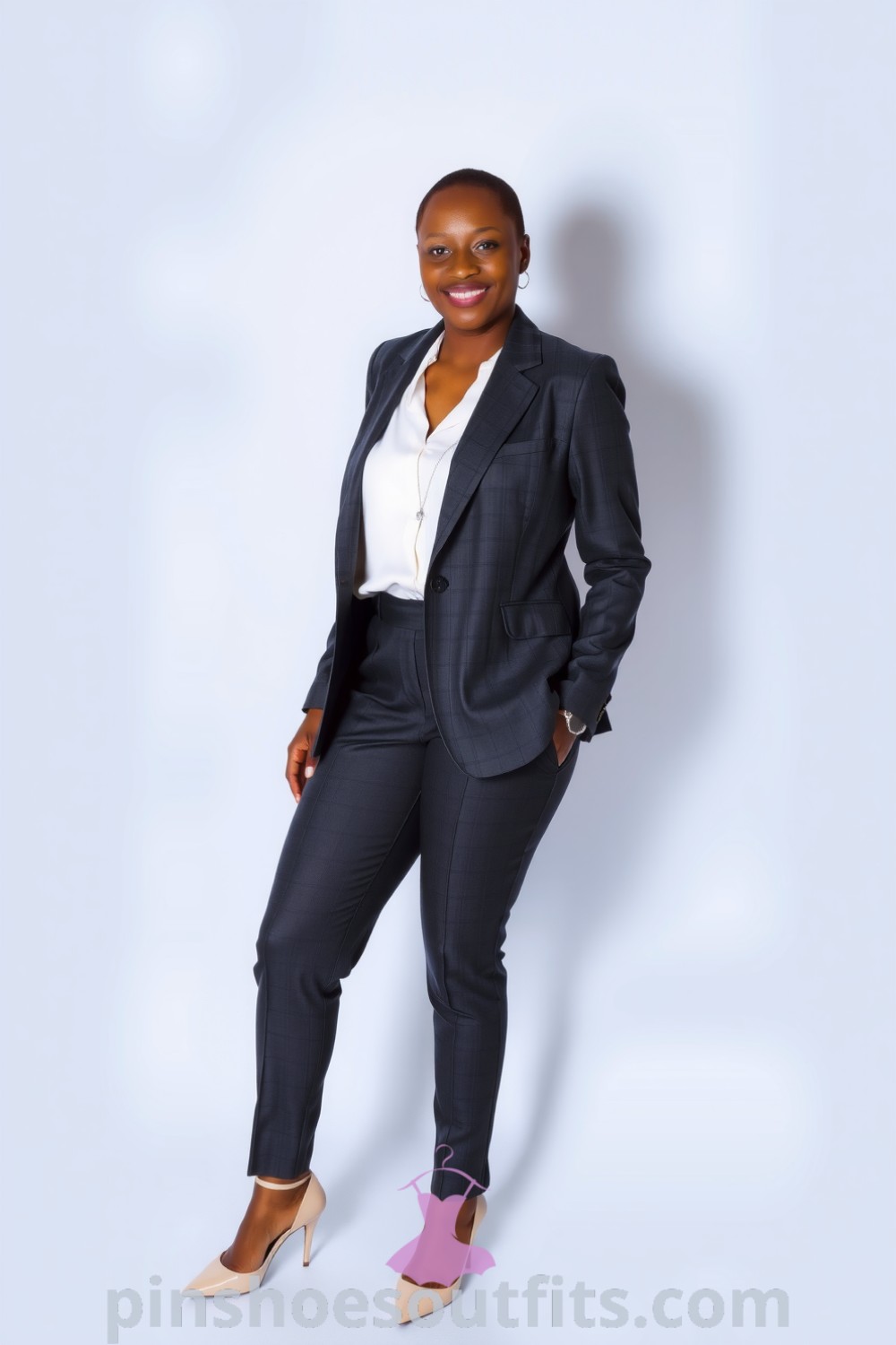 Professional Black woman wearing a fitted charcoal blazer, white blouse, and tailored trousers, complemented by pointed-toe heels and a silver necklace, embodying stylish office wear. pinshoesoutfits.com