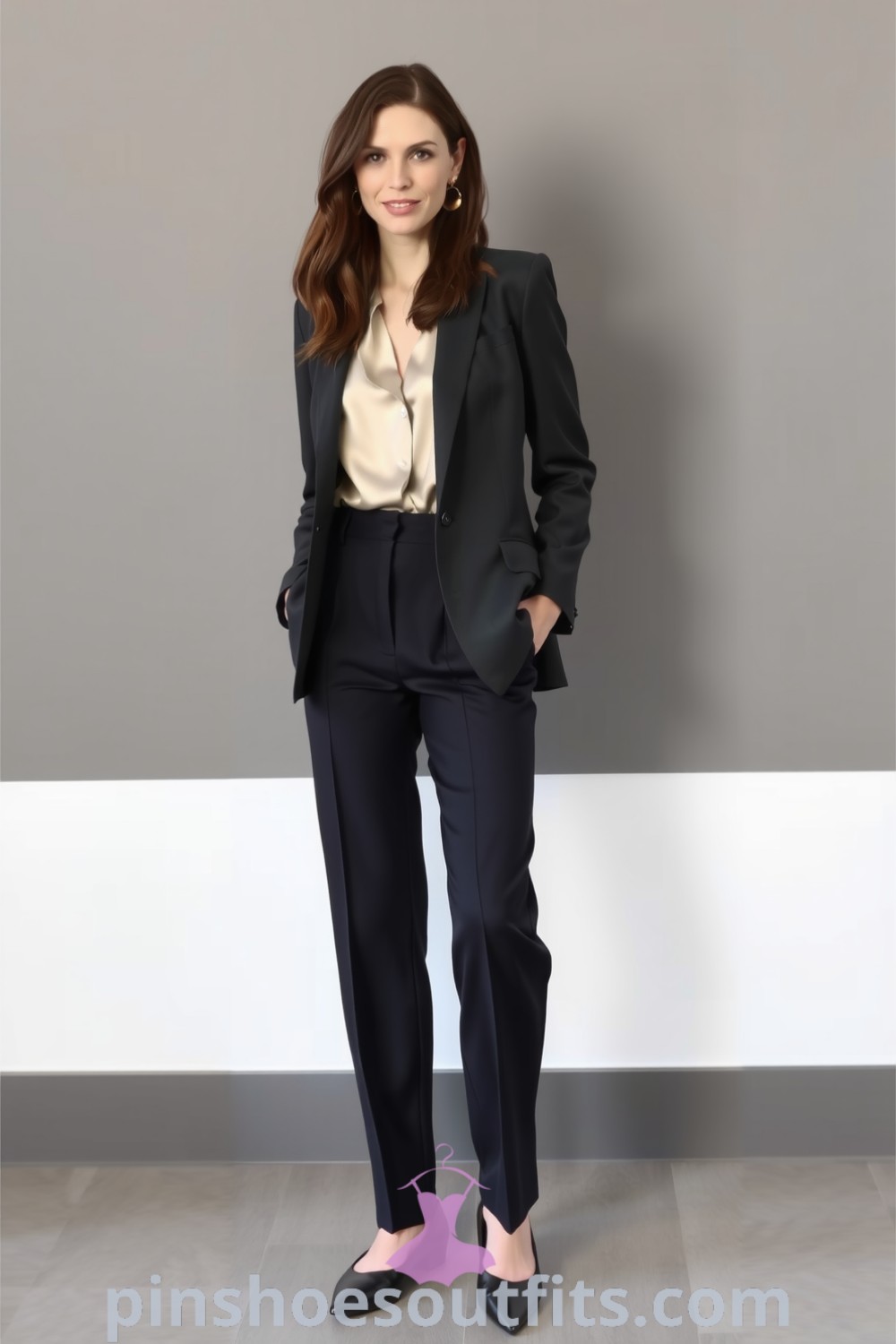 Stylish workwear outfit featuring a tailored charcoal blazer, high-waisted trousers, cream silk blouse, and pointed-toe flats, ideal for professional settings. pinshoesoutfits.com