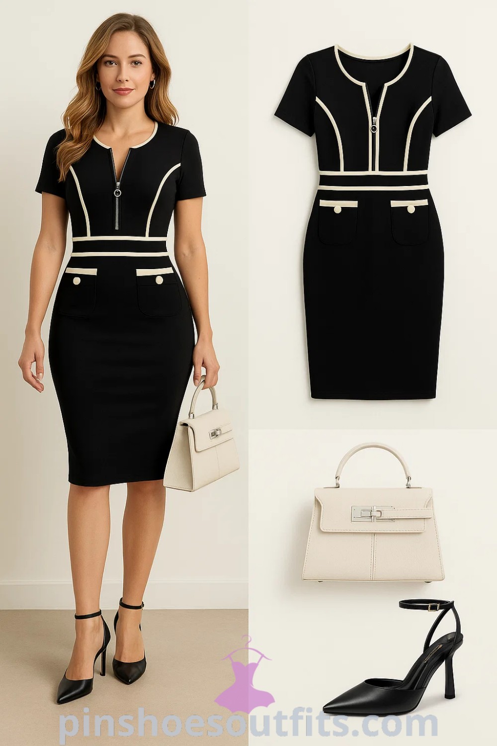 Fitted black dress with contrast detailing, black pumps, and an off-white structured handbag create an elegant smart casual look perfect for the office, business events, or dinners. The outfit emphasizes a polished and refined style, making it ideal for versatile occasions. Featured on pinshoesoutfits.com.