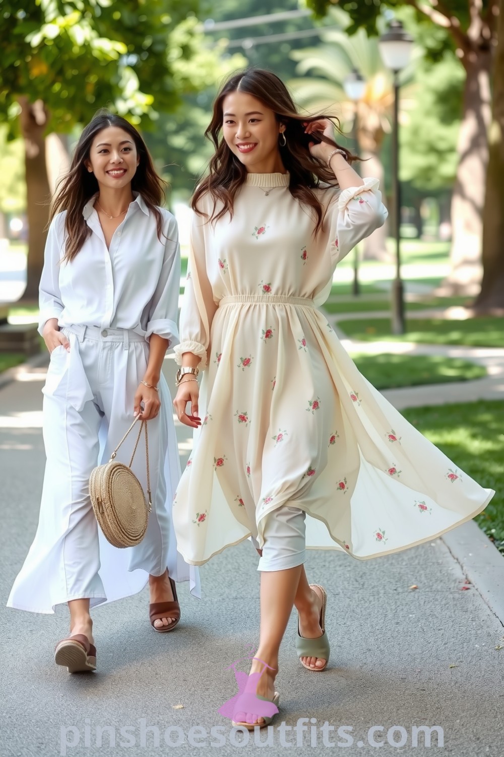 A woman wearing an elegant light chiffon midi dress with floral prints and sheer sleeves, paired with espadrilles, perfect for sunny outings. pinshoesoutfits.com