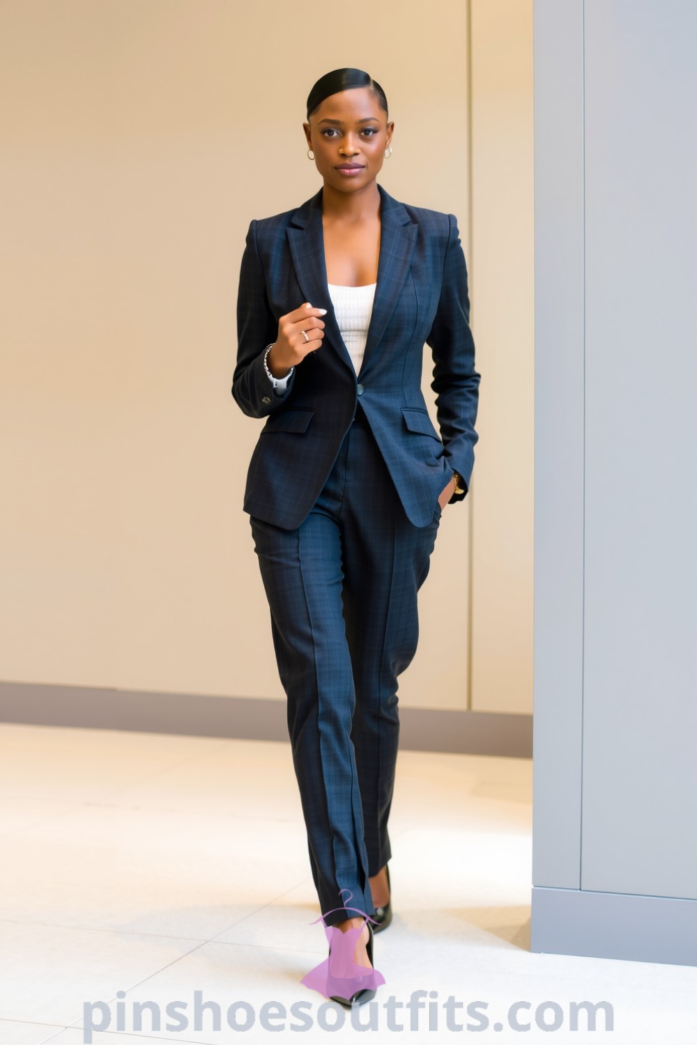 Elegant workwear outfit featuring a Black woman in a tailored charcoal gray blazer, fitted white blouse, straight-leg trousers, and pointed-toe black pumps. A perfect inspiration for professional attire. pinshoesoutfits.com