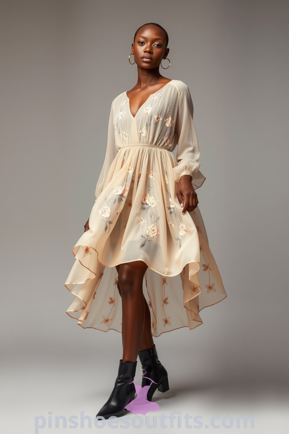 Chiffon midi dress featuring floral embroidery and ankle boots, representing elegant and stylish outfit ideas to inspire your look this season. pinshoesoutfits.com