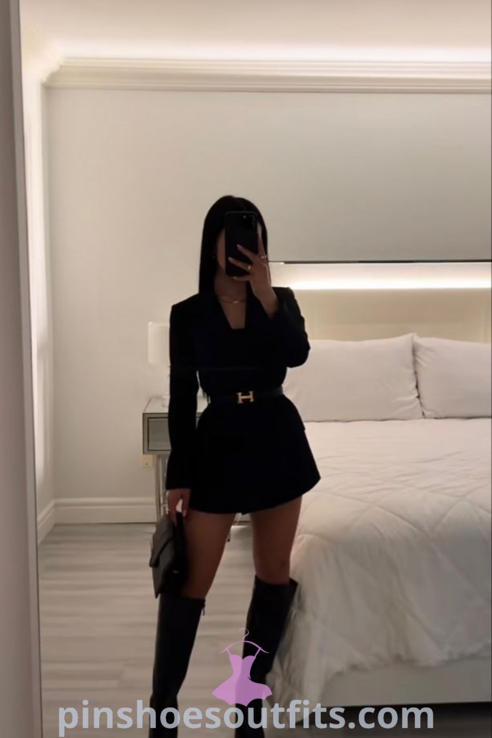 Stylish blazer dress and boots outfit perfect for dinner out, trendy club outfits, and soirée events. Louboutin heels complete this classy look, offering inspiration for super stylish outfits. More outfit ideas to inspire your look at pinshoesoutfits.com.