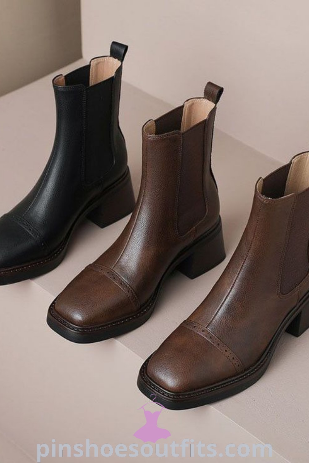 Chic square toe ankle boots, vintage brown platform boots with rubber heel cap, and stylish leather Chelsea boots with stacked square heels at pinshoesoutfits.com. Ideal for outfit ideas that look classy and expensive, featuring ankle-high heeled styles perfect for every woman