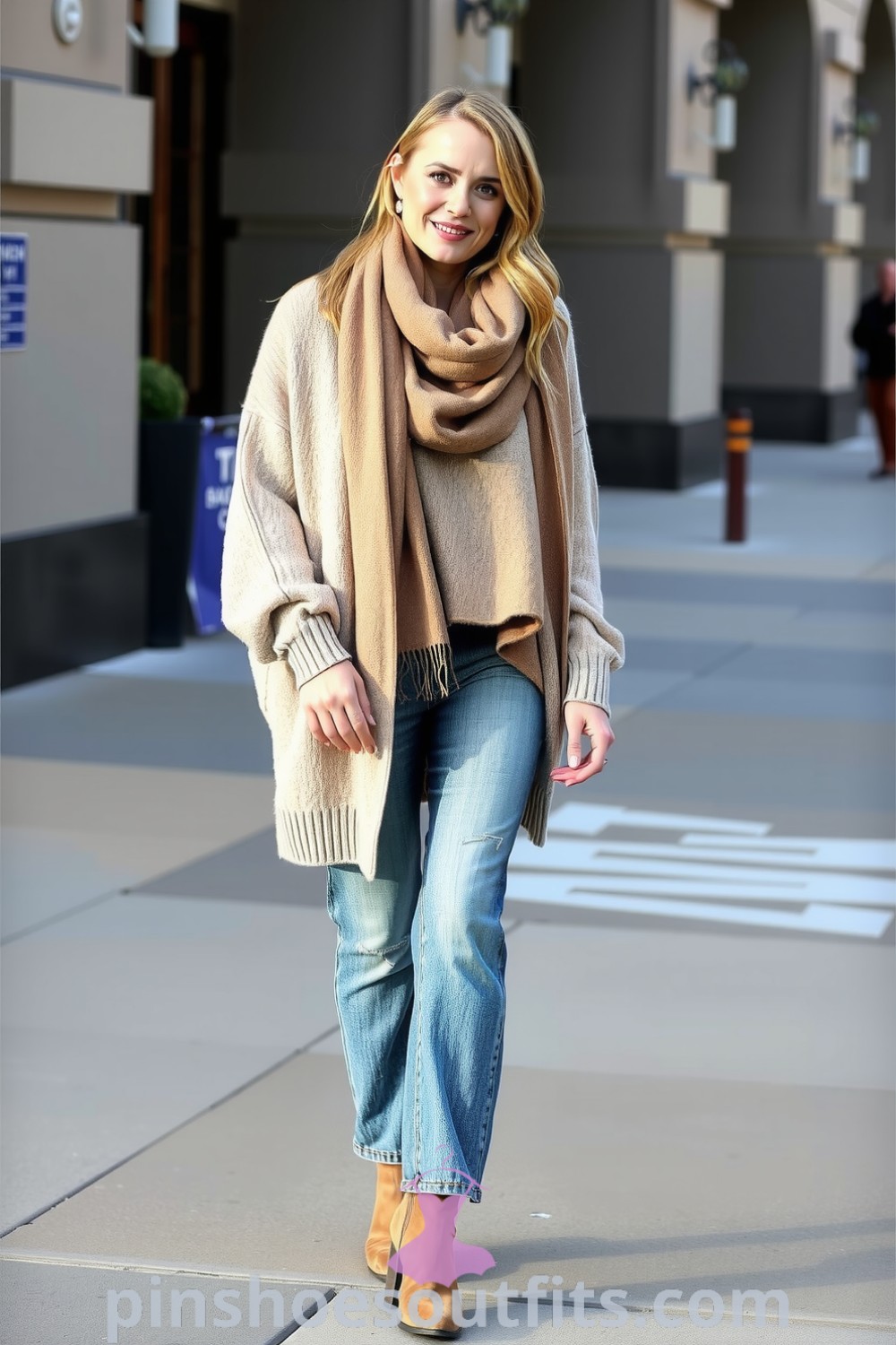 A woman in a cozy oversized knit sweater, relaxed-fit denim jeans, soft suede ankle boots, and a lightweight scarf, embodying stylish comfort. pinshoesoutfits.com