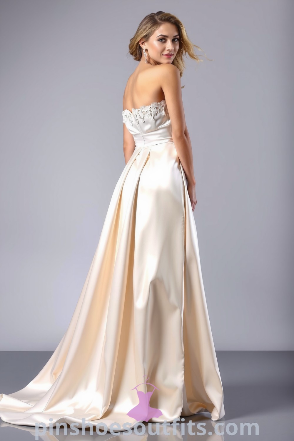 Elegant off-shoulder satin gown with lace detailing, cinched waist, and a flowing silhouette ideal for date night. A timeless fashion statement featured on pinshoesoutfits.com.