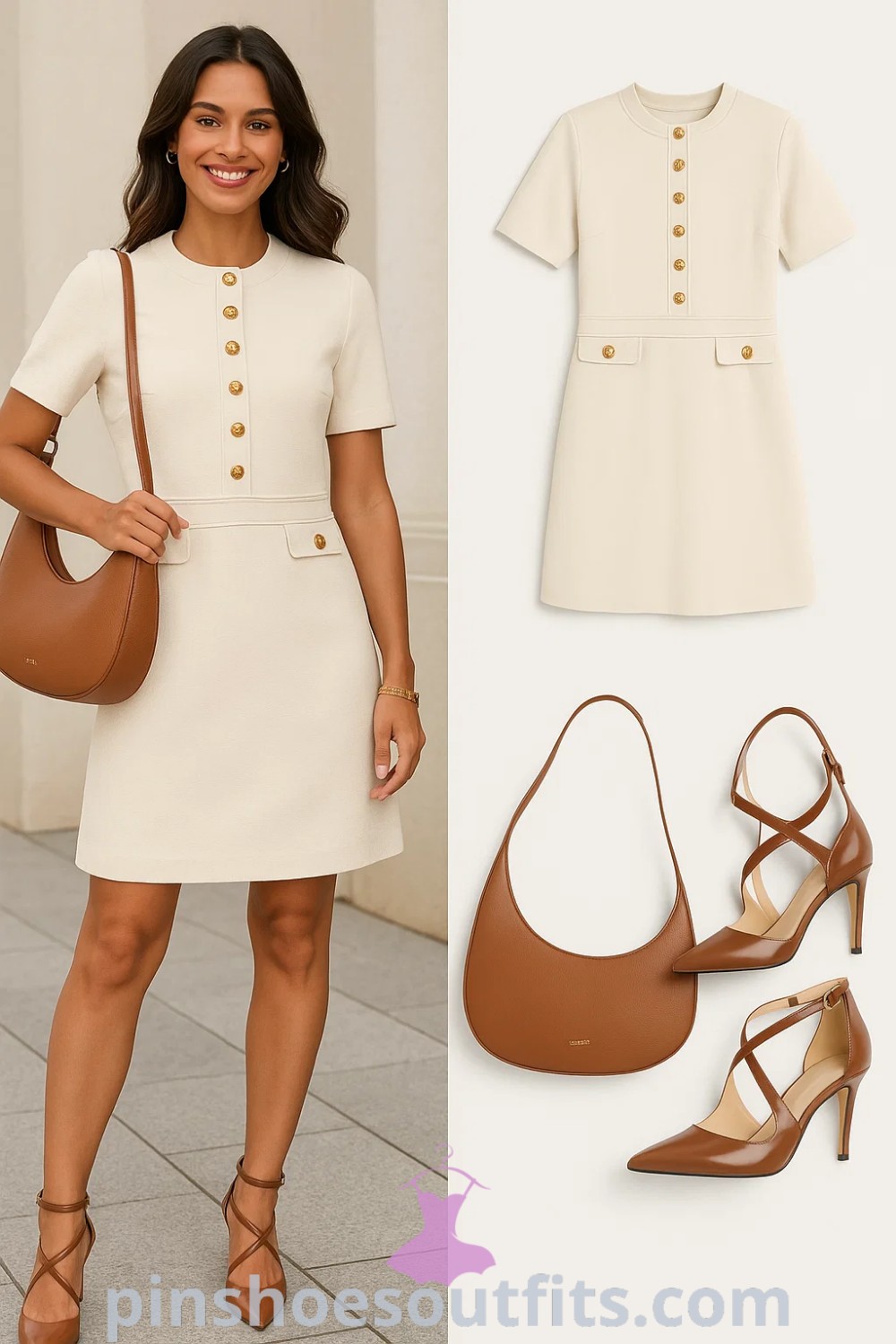 Cream short-sleeve fitted dress with buttons and pockets, brown strappy pump heels, and a stylish brown hobo bag create a chic smart casual outfit. Ideal for office, brunch, or casual outings, this ensemble captures the essence of trendy women