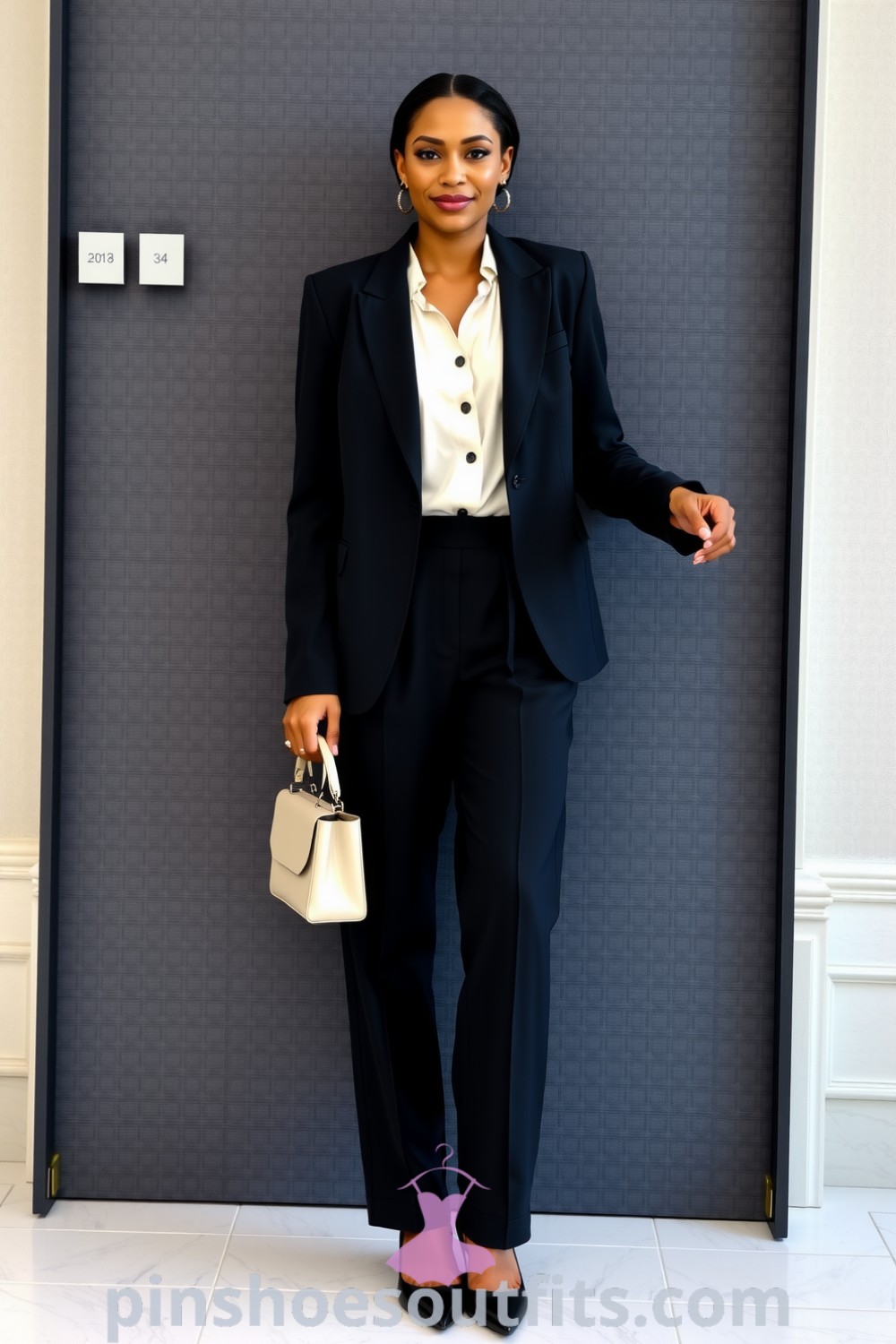 Elegant workwear outfits including a charcoal jumpsuit, white blouse, tailored trousers, and stylish accessories that embody sophistication and professionalism. pinshoesoutfits.com