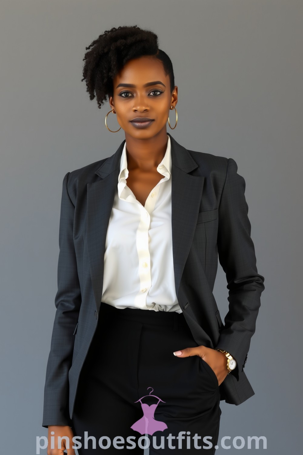 Black woman in a tailored charcoal gray blazer, white button-down blouse, and sleek black trousers, exuding confidence and sophistication. Stylish professional outfit ideal for corporate settings. pinshoesoutfits.com