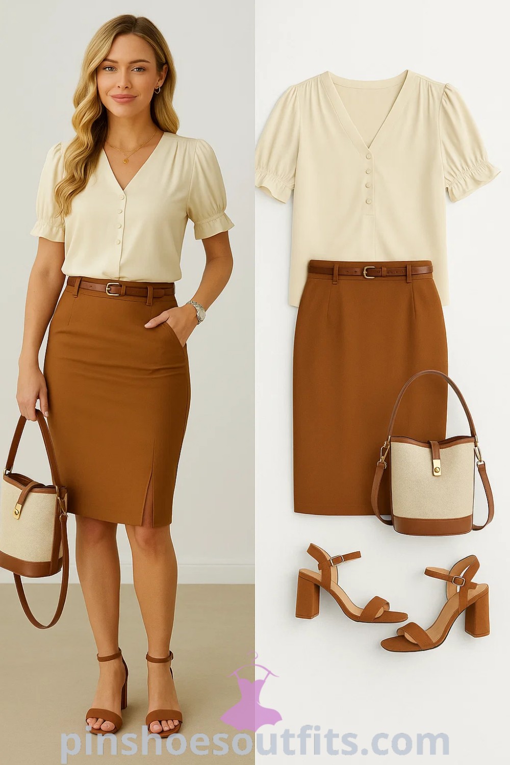 elegant smart casual outfit featuring a cream blouse, brown pencil skirt, and strappy block heels with a structured beige handbag, perfect for office, brunch, or casual outings. Dress code casual for women who appreciate stylish work attire. Find more at pinshoesoutfits.com.