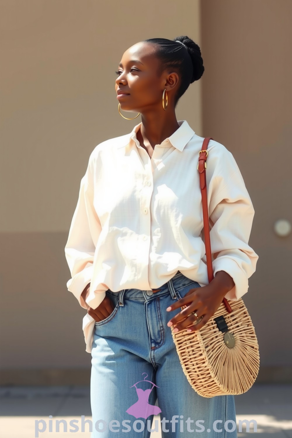 A Black woman wearing a soft oversized linen shirt and high-waisted loose-fitting denim jeans, accessorized with gold hoop earrings and a woven bag, embodies relaxed elegance. Perfect for casual outings. pinshoesoutfits.com