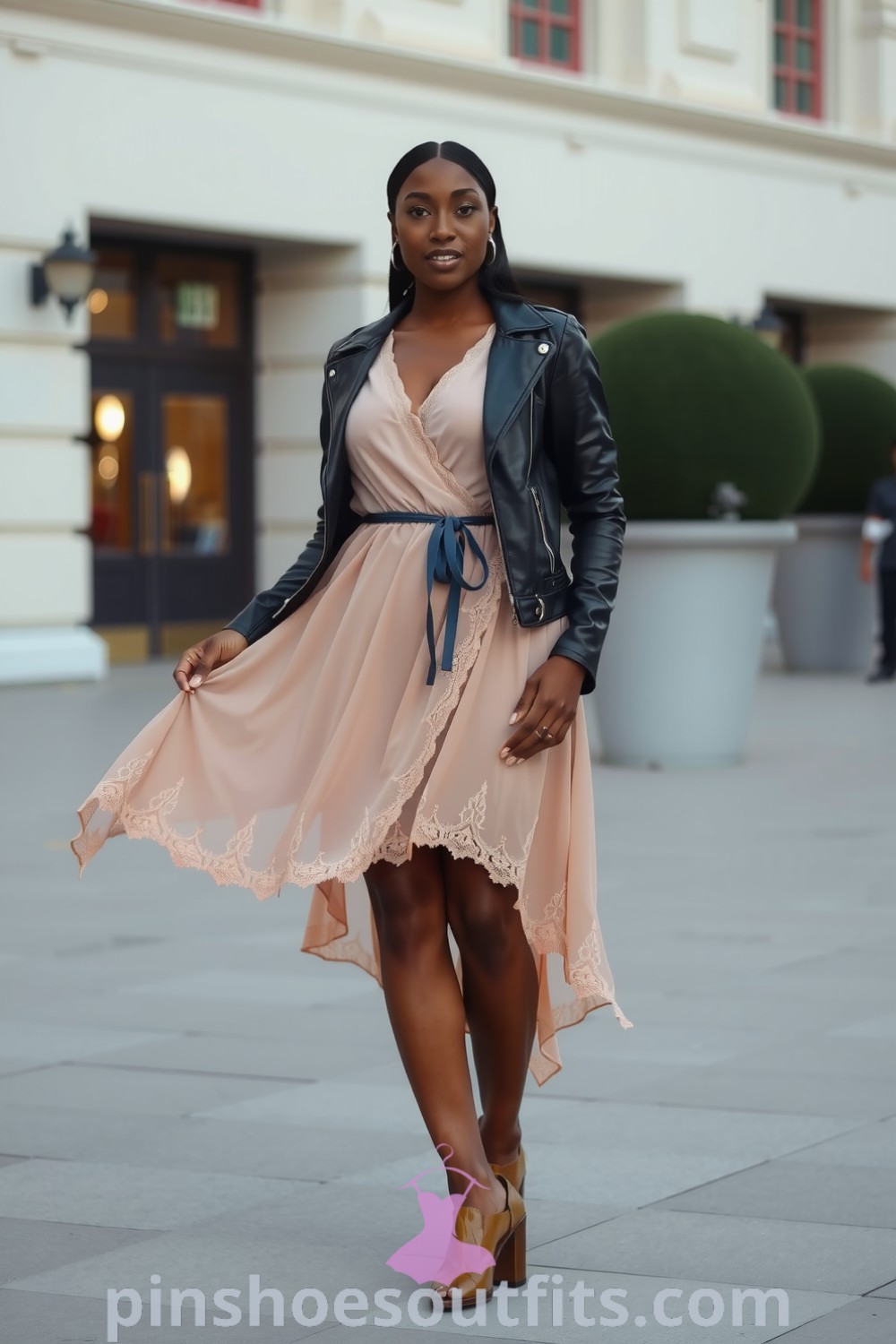 Chic and sophisticated outfit featuring a Black woman in a flowing chiffon wrap dress with lace trim, stylish ankle boots, and a fitted leather jacket. A perfect look for any occasion. pinshoesoutfits.com