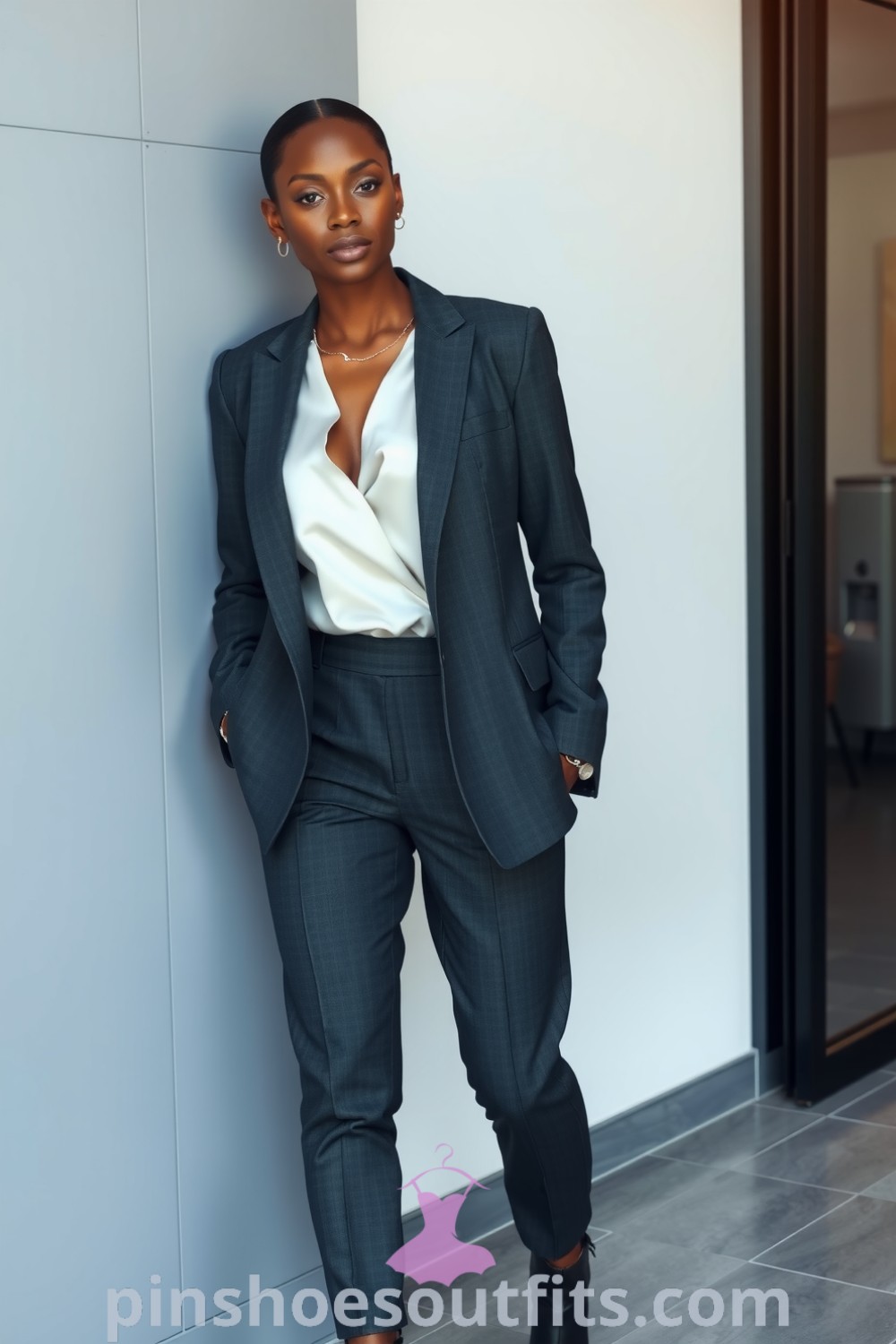 Tailored charcoal-gray suit with a silky white blouse, ankle boots, and minimalist jewelry on a confident Black woman. A stylish and professional ensemble ideal for modern women. pinshoesoutfits.com