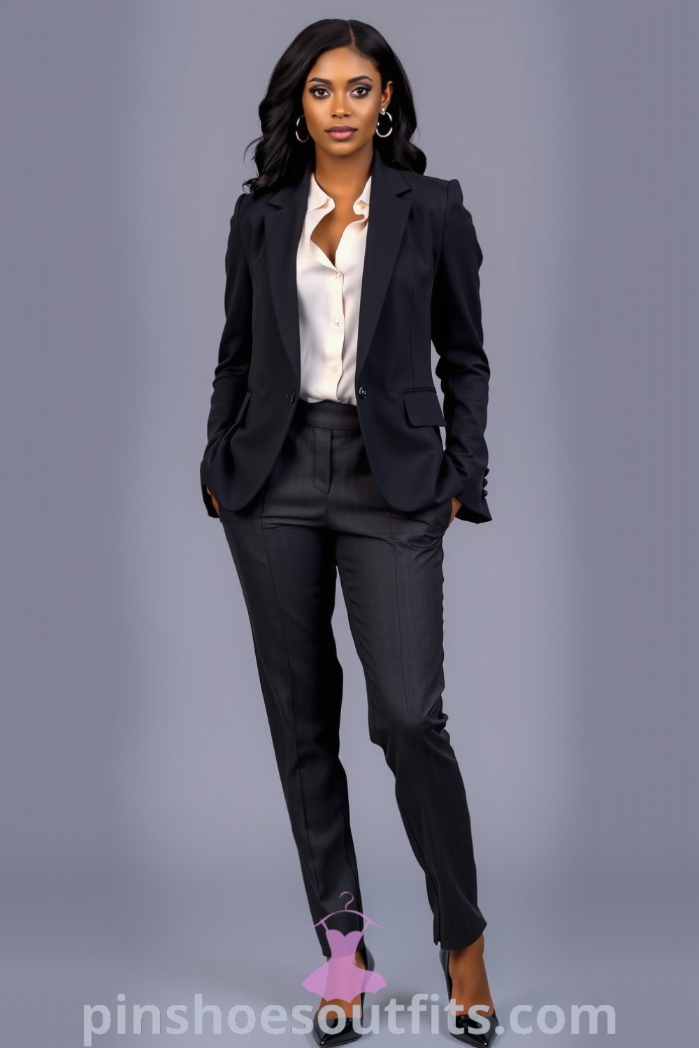 Sophisticated black woman wearing a tailored charcoal blazer, soft cream blouse, slim-fit trousers, and pointed-toe heels, showcasing a professional workwear look. Outfit Ideas to Look Chic and Classy. pinshoesoutfits.com