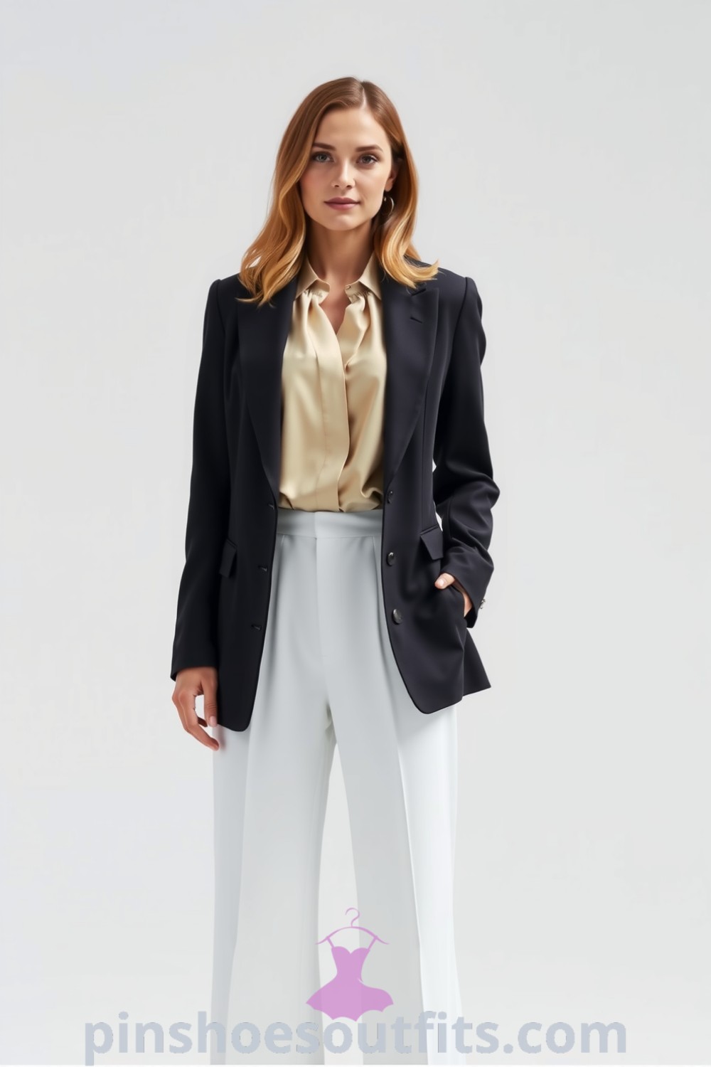 A professional and elegant outfit featuring a tailored charcoal blazer, white wide-leg trousers, and a silk blouse with pleating. Perfect for stylish workdays or meetings. pinshoesoutfits.com