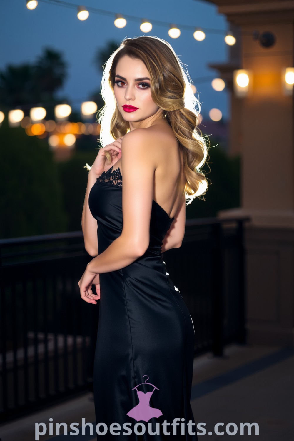 Elegantly dressed woman in a fitted black satin dress with lace detailing, strappy heels, and flowing hair, showcasing timeless sophistication for a date night. pinshoesoutfits.com