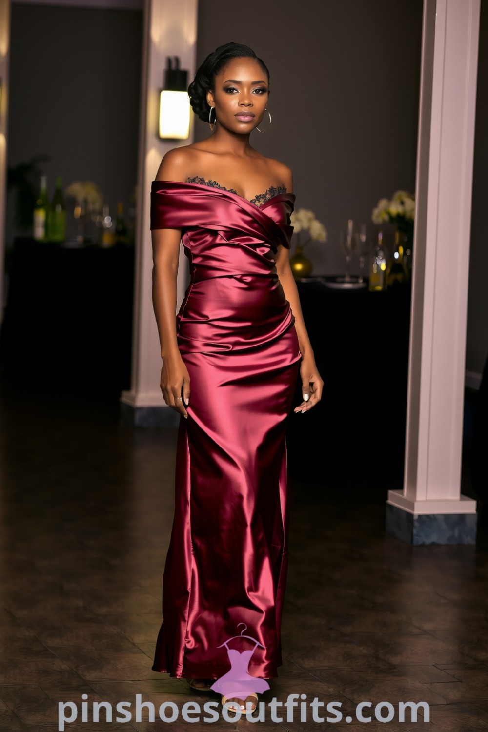 A Black woman in a form-fitting off-the-shoulder satin dress with lace detailing, radiating elegance and style. Perfect for an evening out, the look inspires outfit ideas for women to look chic and elegant. pinshoesoutfits.com
