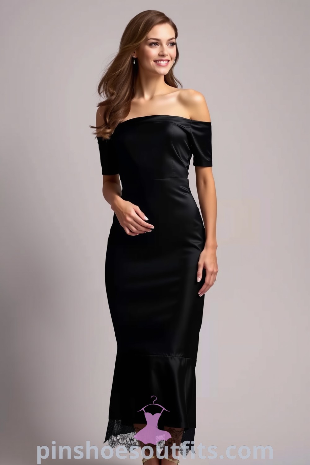 Elegant woman in a form-fitting off-the-shoulder black dress with lace detailing, paired with strappy heels, embodying sophistication and allure. Outfits to inspire your look this season at pinshoesoutfits.com