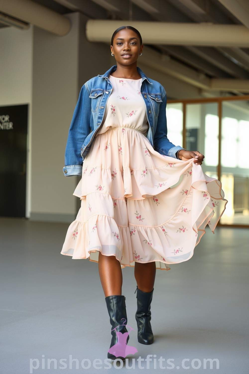 A Black woman in a stylish outfit featuring a flowing floral midi dress, sleek ankle boots, and a tailored denim jacket, showcasing modern elegance and comfort. pinshoesoutfits.com