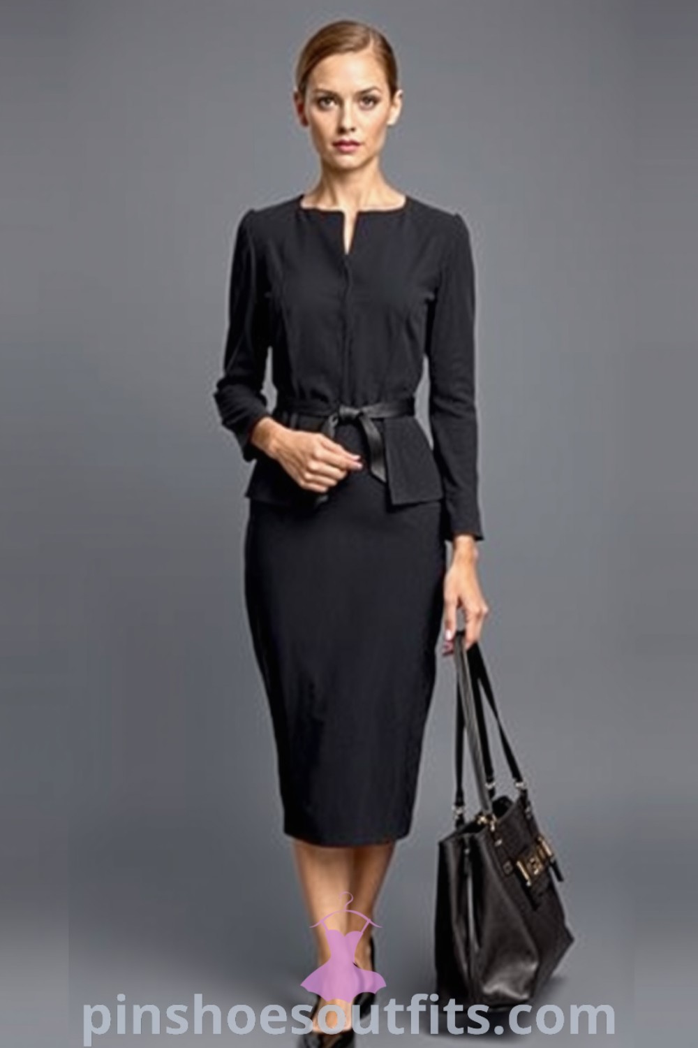 Chic professional workwear ensemble featuring a tailored charcoal sheath dress with a belted waist, classic pumps, and a structured handbag. A perfect example of stylish outfits for women