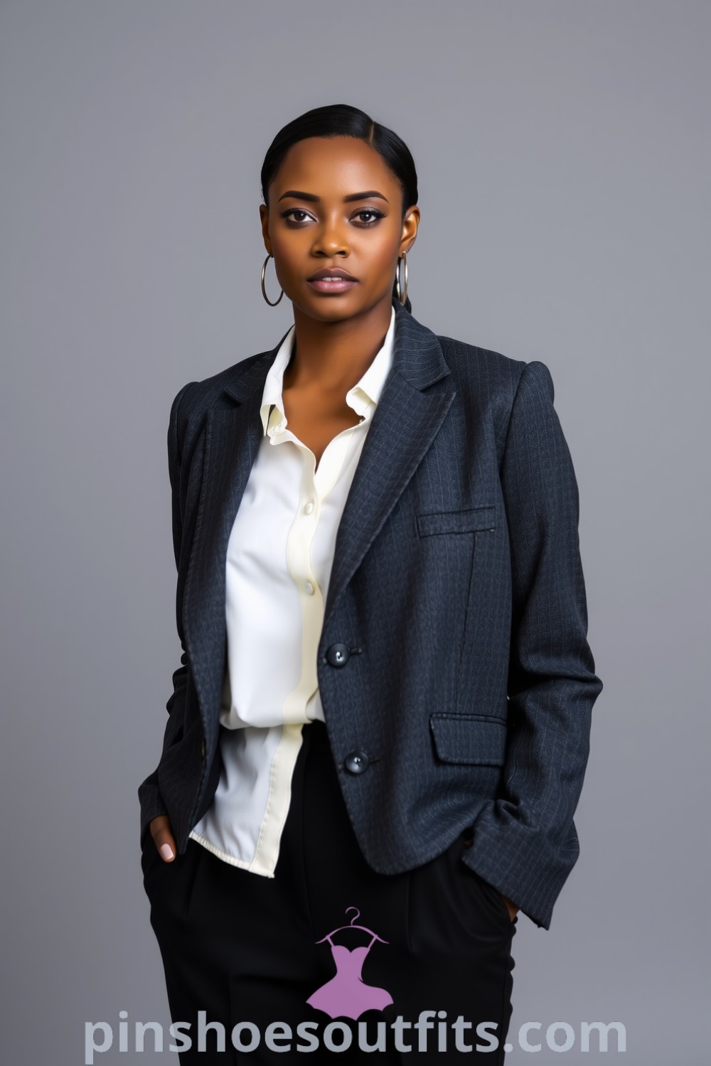 Sophisticated workwear featuring a tailored charcoal blazer, crisp white blouse, and high-waisted black trousers, exuding elegance and professionalism. Outfit Ideas to Look Chic, Classy, and Expensive, pinshoesoutfits.com