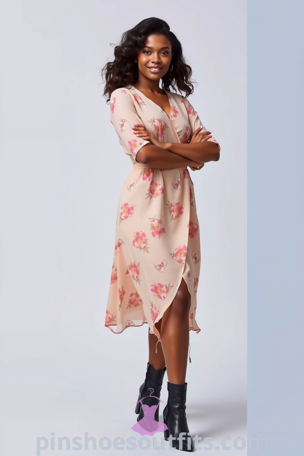 Black woman in a chic ensemble showcasing a tailored midi dress with a floral print, cinched at the waist, and paired with stylish ankle boots. A blend of elegance and modern style. pinshoesoutfits.com