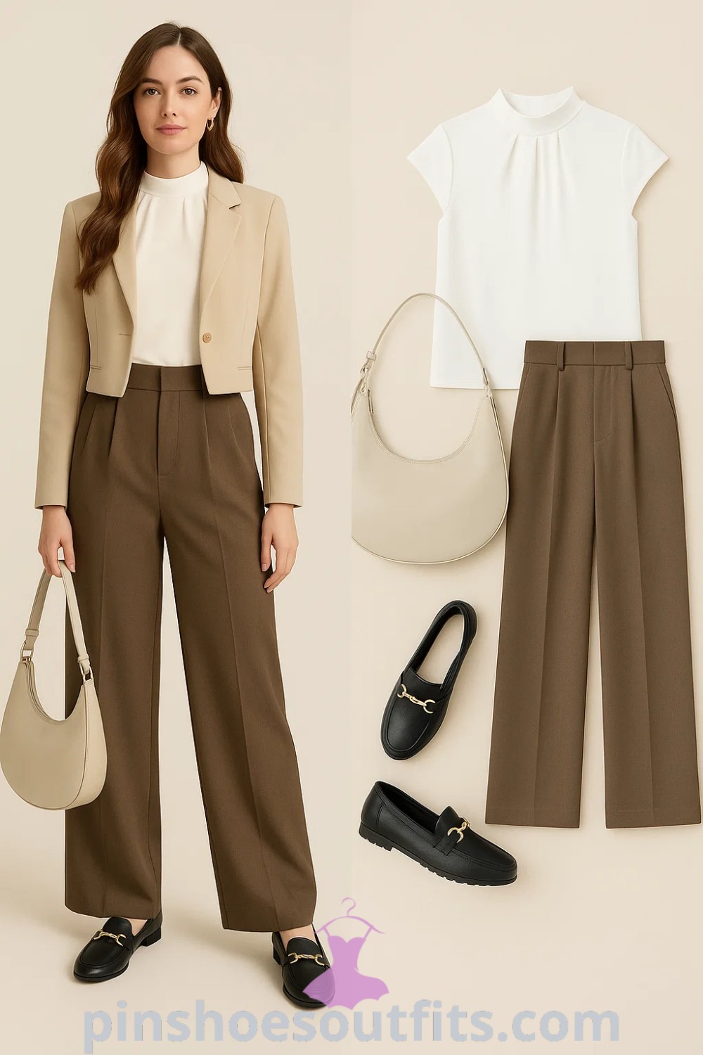 beige cropped blazer, white mock neck top, wide leg brown pants, light beige hobo handbag, black loafers, elegant smart casual outfit for office and brunch at pinshoesoutfits.com