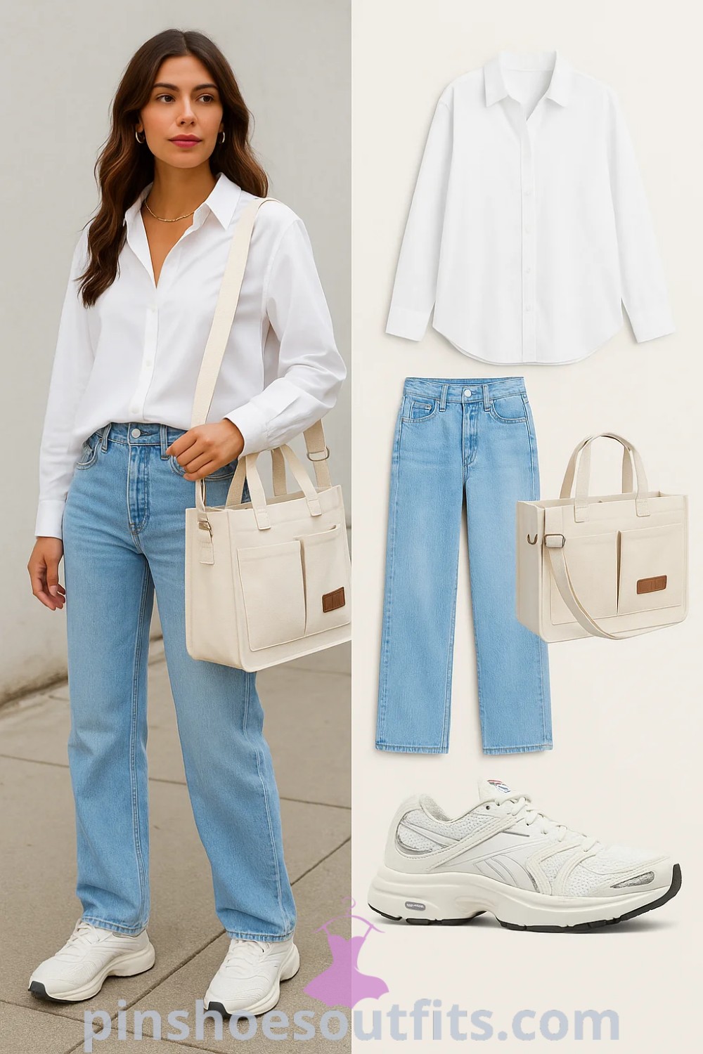 white button-up shirt, light blue straight-leg jeans, white athletic sneakers, cream tote handbag, Basic Casual, trendy outfit ideas, casual chic combinations, fashion styles at pinshoesoutfits.com