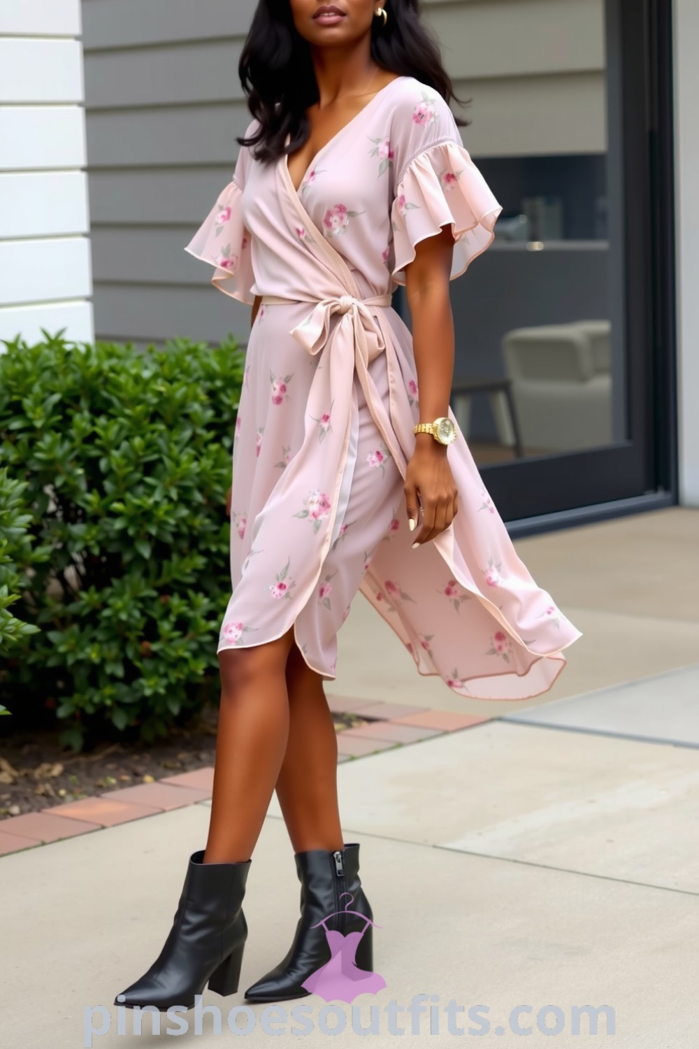 Chic floral wrap dress with ruffles and cinched waist paired with sleek ankle boots, blending elegance with casual sophistication. Outfit Ideas to Look Chic, Classy, and Expensive. pinshoesoutfits.com