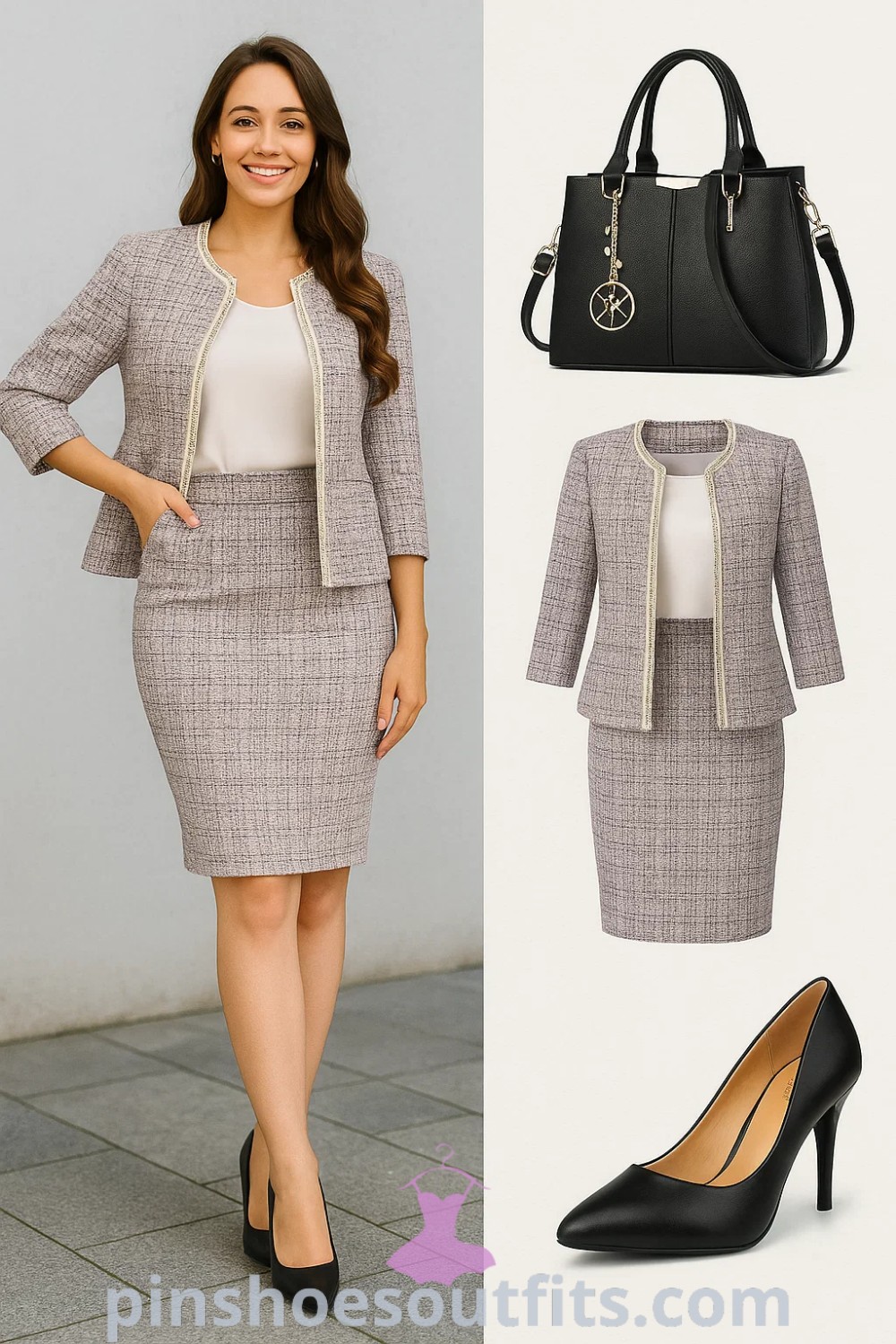Light gray cropped jacket, matching pencil skirt, chic black heels, and a structured handbag create an elegant classic business outfit perfect for professional occasions. This polished ensemble emphasizes timeless style and business casual aesthetics, making it ideal for work or networking events. Discover more at pinshoesoutfits.com.
