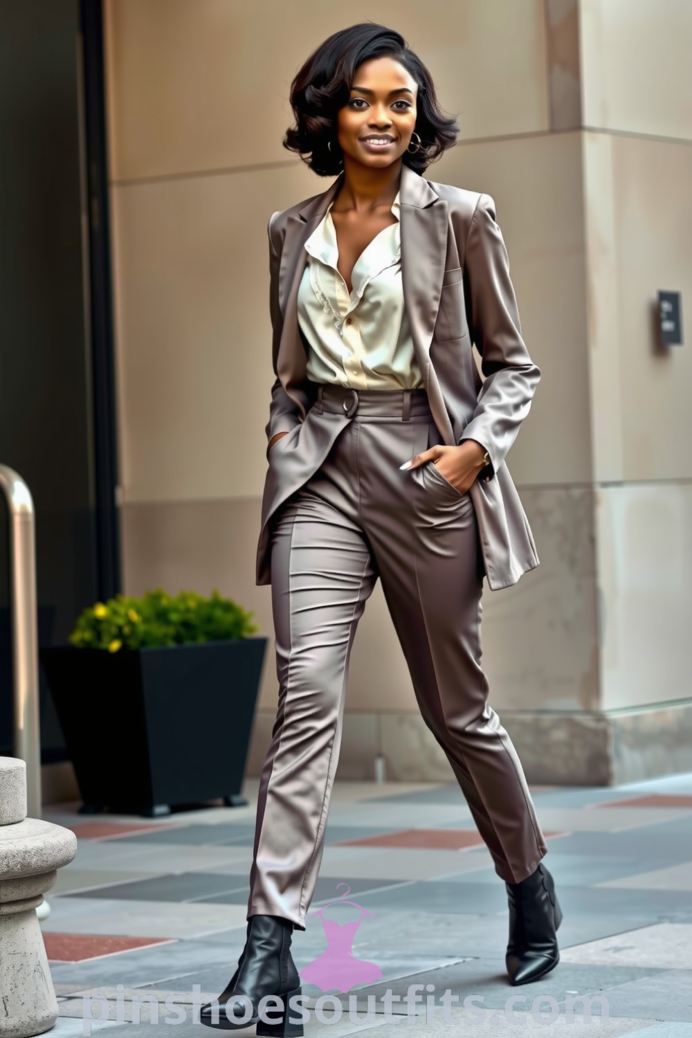 Chic outfit featuring a Black woman in fitted high-waisted trousers, a flowing lace-accented blouse, stylish ankle boots, and a tailored blazer, embodying elegance and sophistication. pinshoesoutfits.com