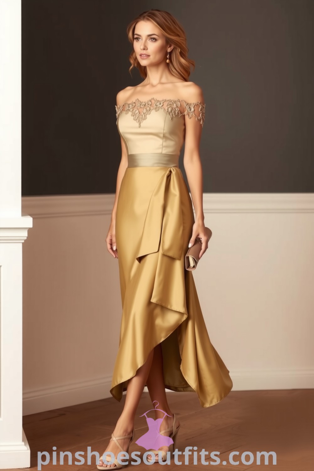 Elegant off-the-shoulder satin dress with lace overlays, a cinched waist, and soft pleats, ideal for romantic outings. Discover stylish outfit ideas to look chic and elegant at pinshoesoutfits.com.