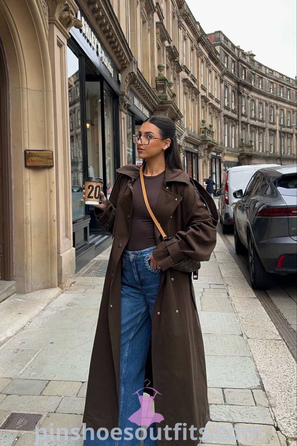 Long Brown Coat Outfit featuring a luxurious trench coat for winter styling. Perfect for a fashionable yet cozy look, this outfit is an effortless combination of elegance and warmth. Discover stylish outfit ideas to inspire your look this season at pinshoesoutfits.com.