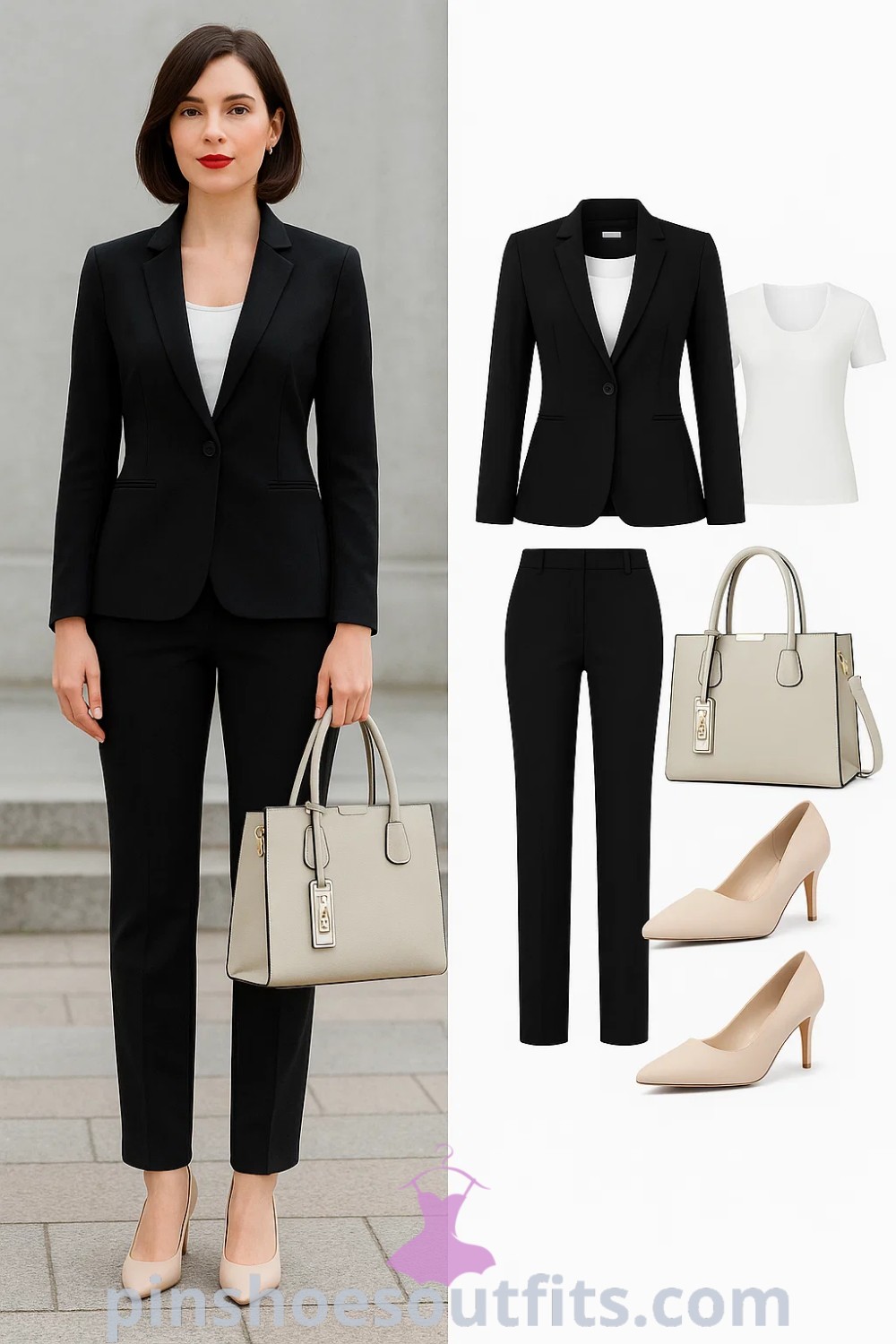 sleek black blazer, slim fit trousers, beige heels, structured light grey handbag, elegant business outfit, professional attire, casual work outfits, modern business attire, pinshoesoutfits.com