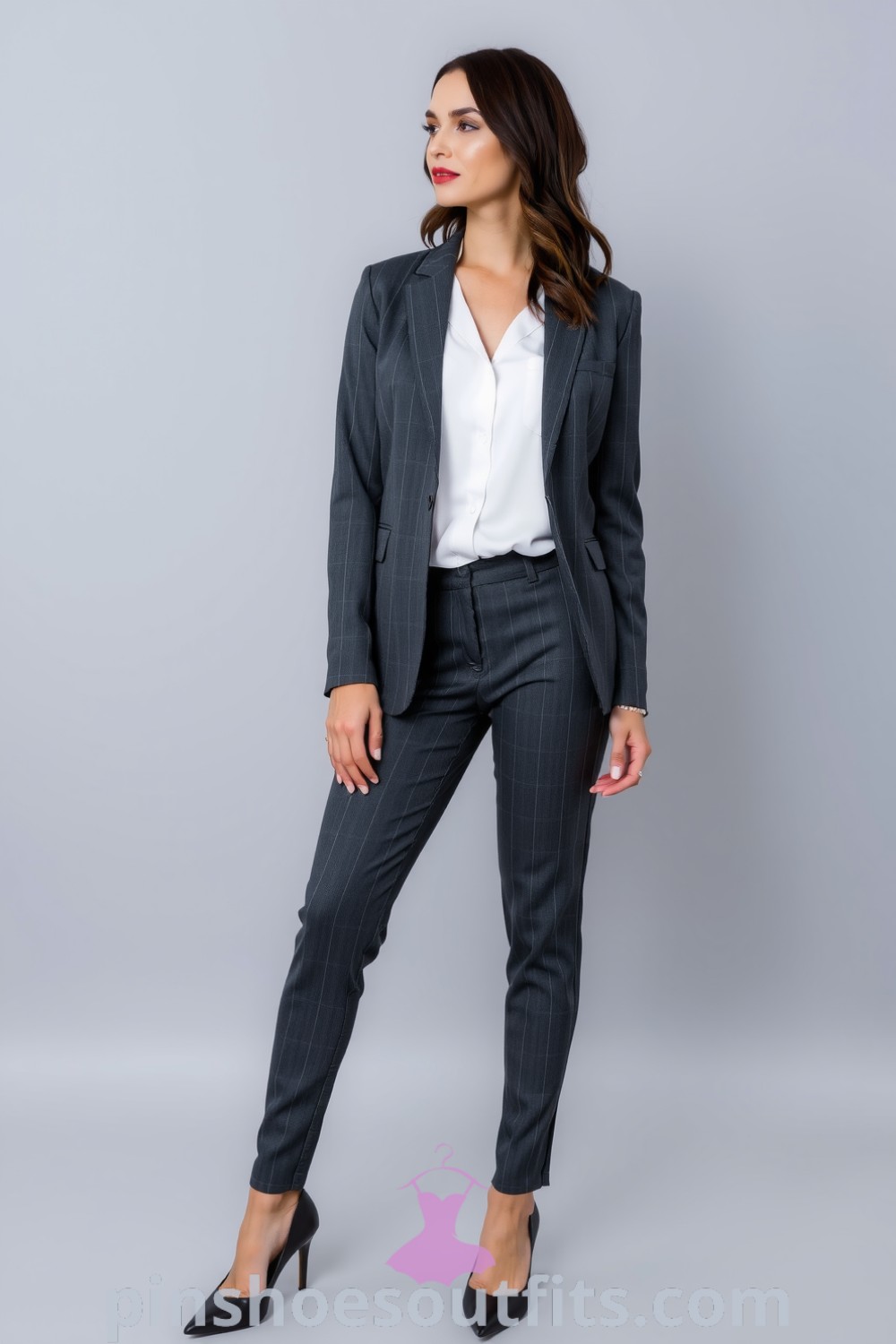 Stylish office attire featuring a charcoal grey blazer, slim-fit trousers, white blouse, black pumps, and minimal silver accessories, showcasing professional elegance and comfort. pinshoesoutfits.com