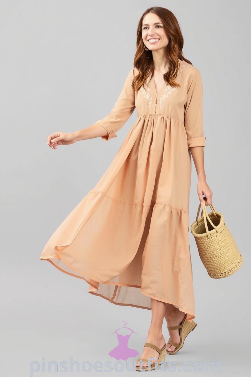 A woman in a flowing, lightweight linen dress featuring delicate embroidery, paired with wedge sandals and a woven tote, exuding effortless elegance. For stylish and elegant outfit ideas, visit pinshoesoutfits.com.