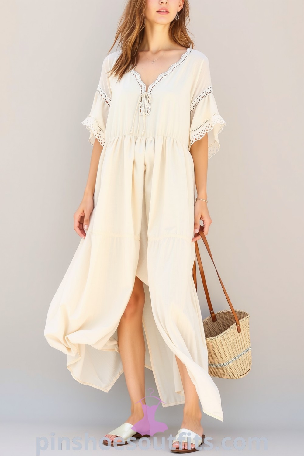Elegant woman wearing a flowing linen dress with lace detailing, paired with sandals and a straw bag, ideal for spring outings. pinshoesoutfits.com