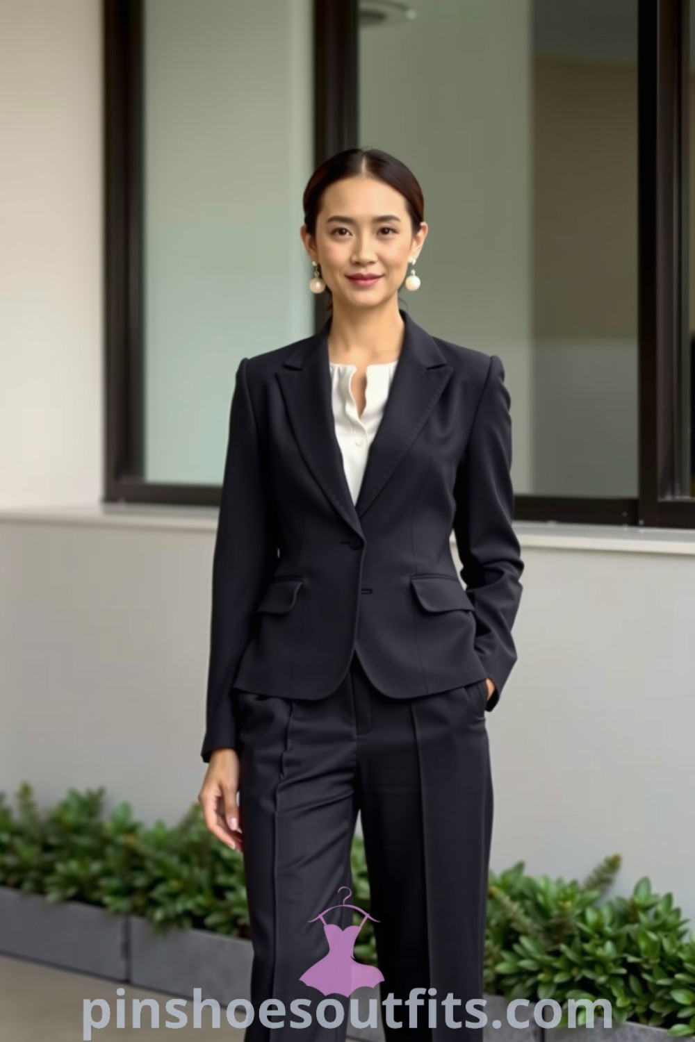 Chic office attire featuring a tailored charcoal blazer, cream blouse, high-waisted wide-leg trousers, and pearl earrings. A perfect blend of style and comfort for professional settings. pinshoesoutfits.com
